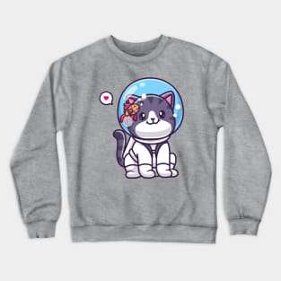 Cute Cat Astronaut Sitting With Fish Cartoon Crewneck Sweatshirt